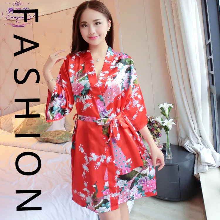 

Ice silk pajamas women's spring and autumn thin simulated silk pajamas, bathrobes, summer kimonos, yukata, loungewear, new model