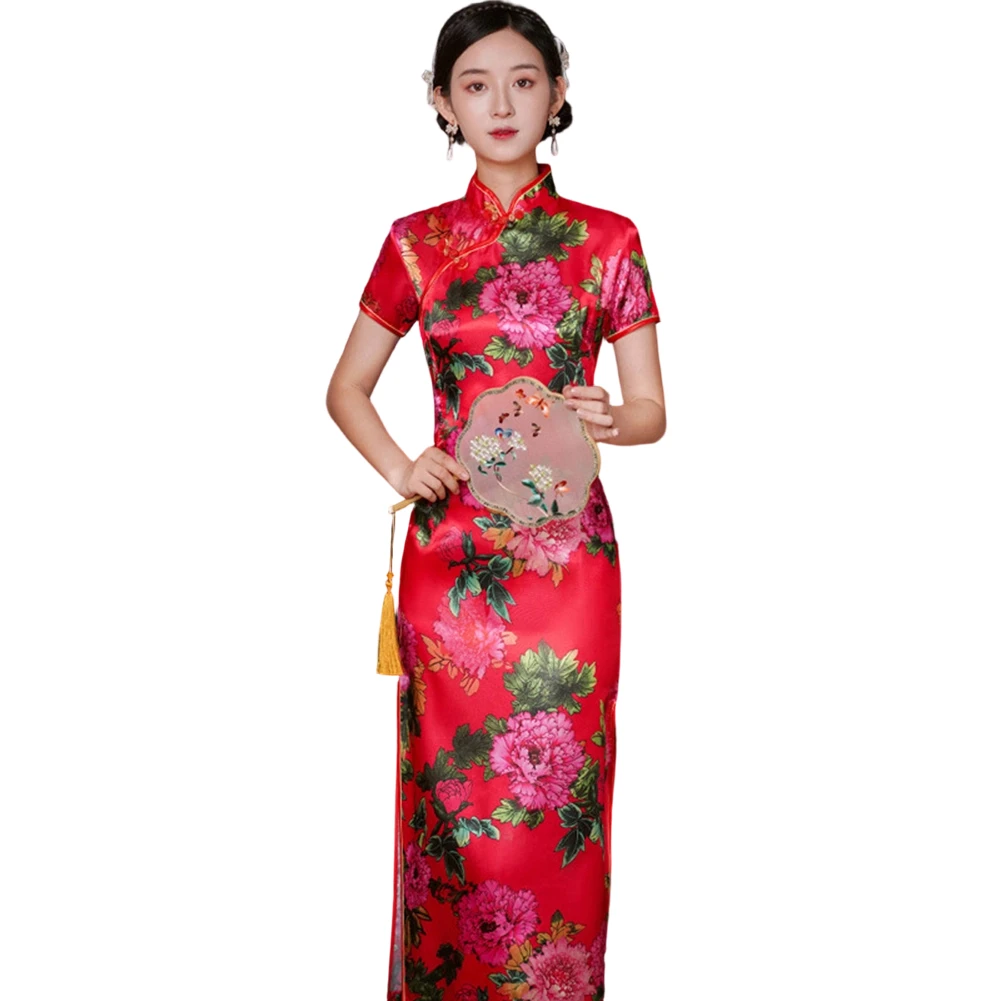 

Chinese Style Women Cheongsam Dress with Peony Printed Design Short Sleeve Retro Long Qipao for Spring and Summer