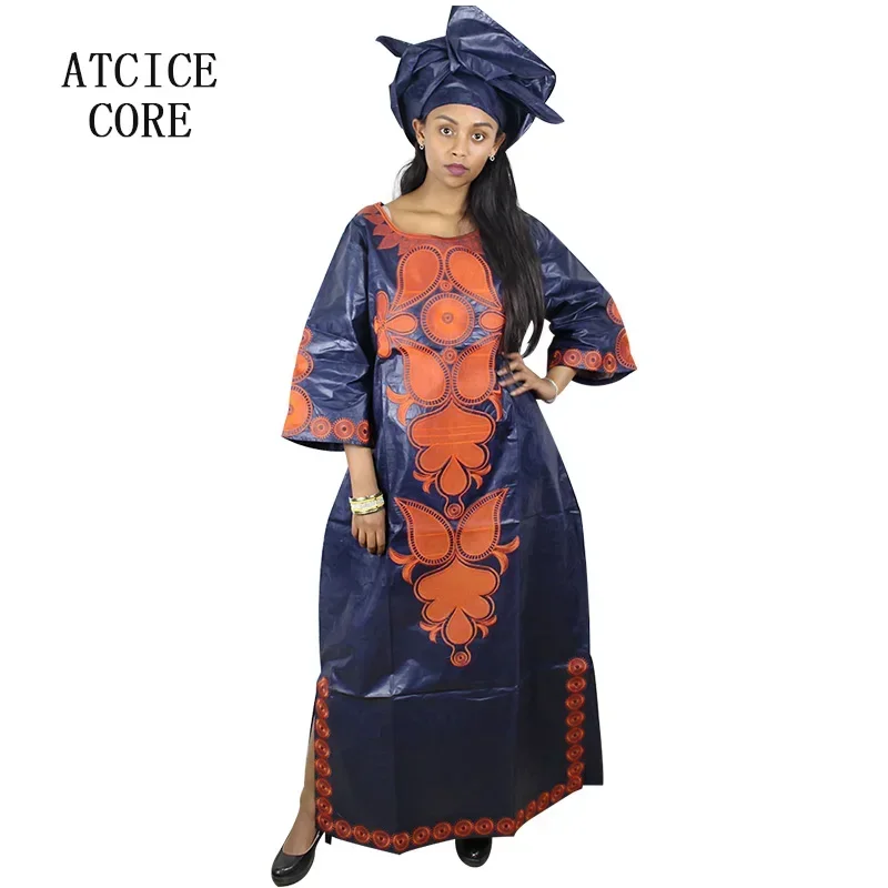 African Dresses For Woman Cotton Bazin Riche Embroidery Design Long Dress Scarf
