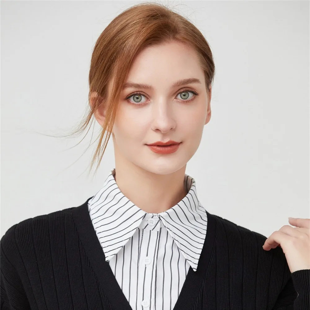 قميص مخطط قابل للفصل بياقة مزيفة وأكمام يدوية مزيفة مريحة وسهلة الارتداء أصفاد معصم كاذبة دعائم صور #2