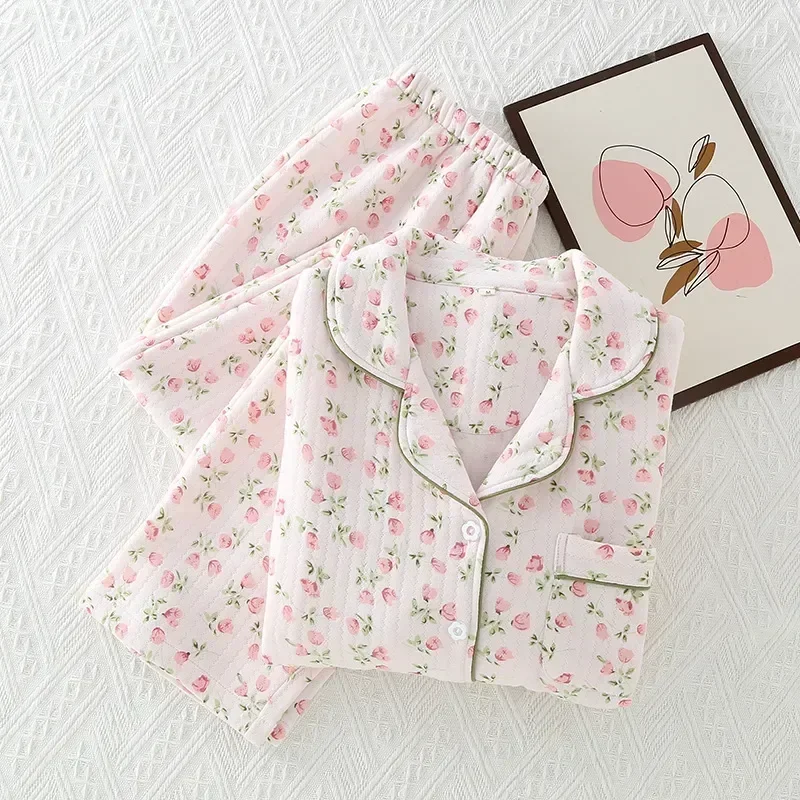 

Sleepw Size Pajamas Plus Set Long-sleeved Trousers Thicken Women 2-piece 2023 Homewear Ladies 100% Cotton Winter