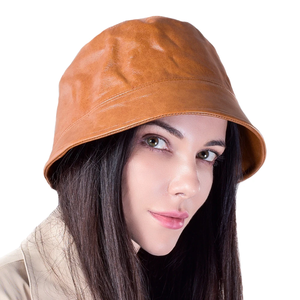 Spring & Autumn Leisure Genuine Leather Bucket Hat Women's Sheep Skin Fisherman Hat Elegant Sun Shade Hat IL00694