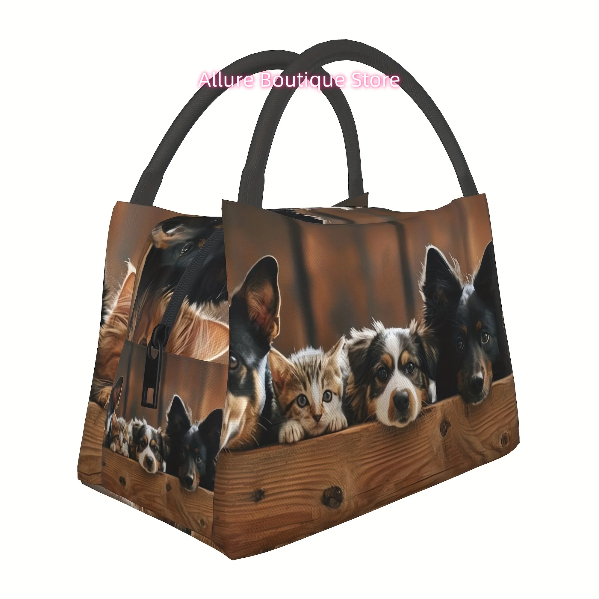 Thermal Lunch Bag for Men and Women, Reusable Large Lunch Handbag with Thermal Sealed Zipper, Cute Cat Dog Portable Lunch Box Co