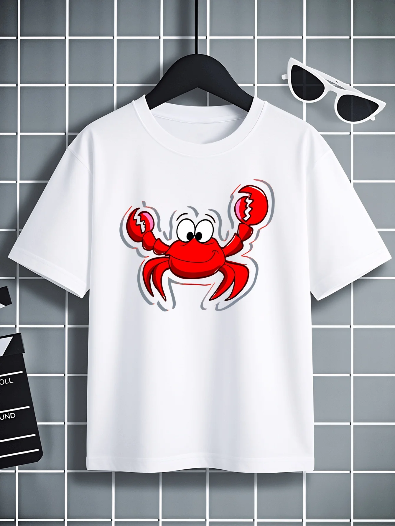 Red Crab Claw Pattern T-shirt Round Neck Top Korean Half Sleeved Children's Daily Versatile Parent-child Outfit