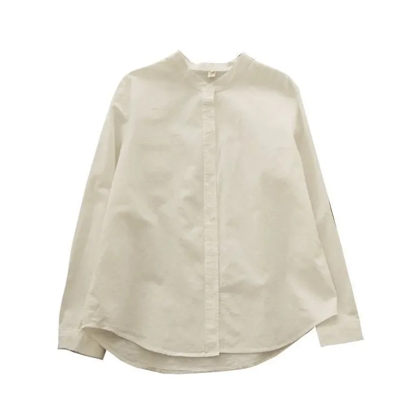 

Осенняя рубашка Design Sense с воротником-стойкой и длинными рукавами в студенческом стиле, литературная универсальная рубашка на сквозной основе для женщин, поездок на работу