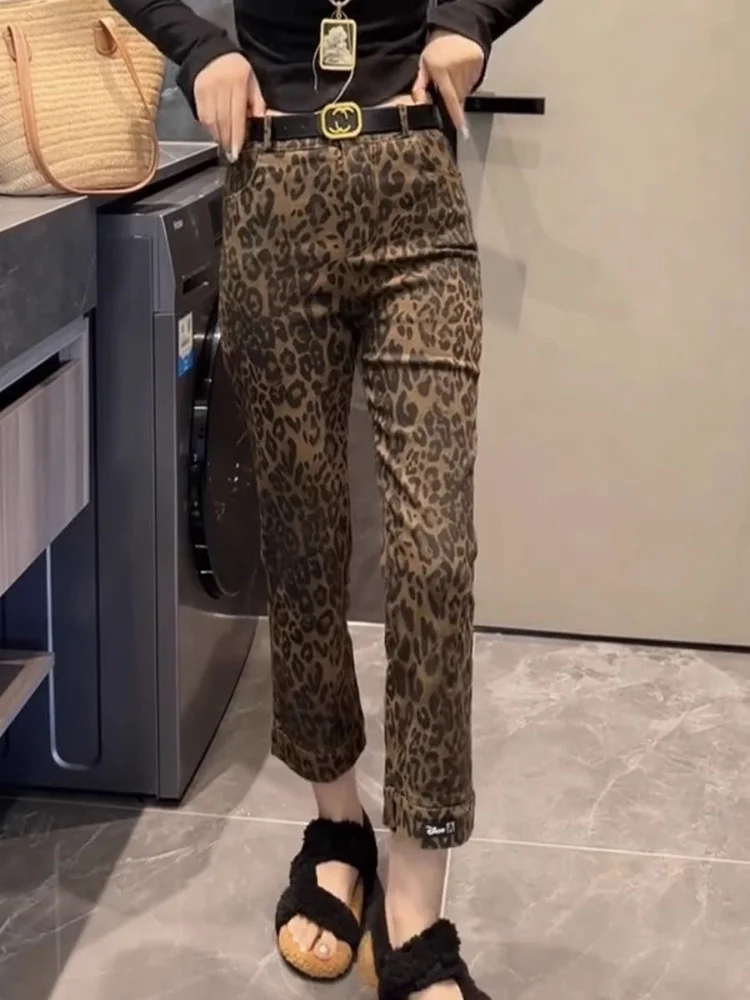 Jeans in denim con stampa leopardata foderati a gamba dritta a vita alta Pantaloni vintage a nove tubi da donna Jeans casual Waed
