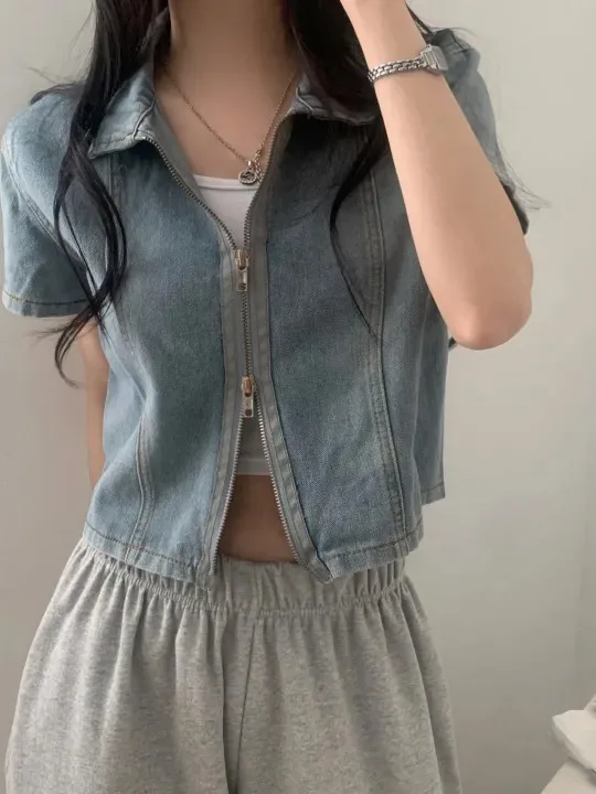 ort Sve Zipper Denim irt Jaet Women's Retro Hong Sle Chic Faion Turn-down Collar ort Coat Korean Waist-cinching
