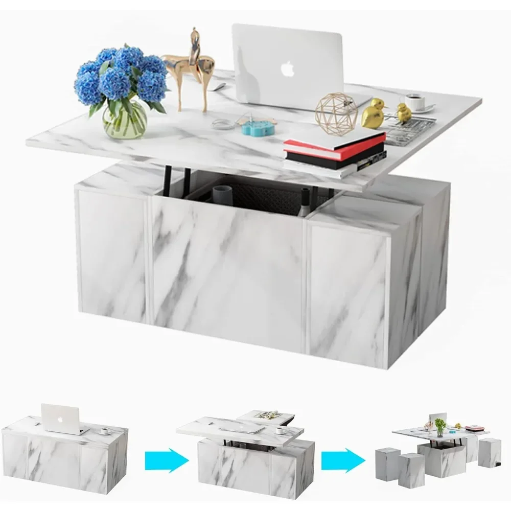 Coffee Table,White artificial marble lifting coffee table, multifunctional, 4 storage tables, modern living room coffee table