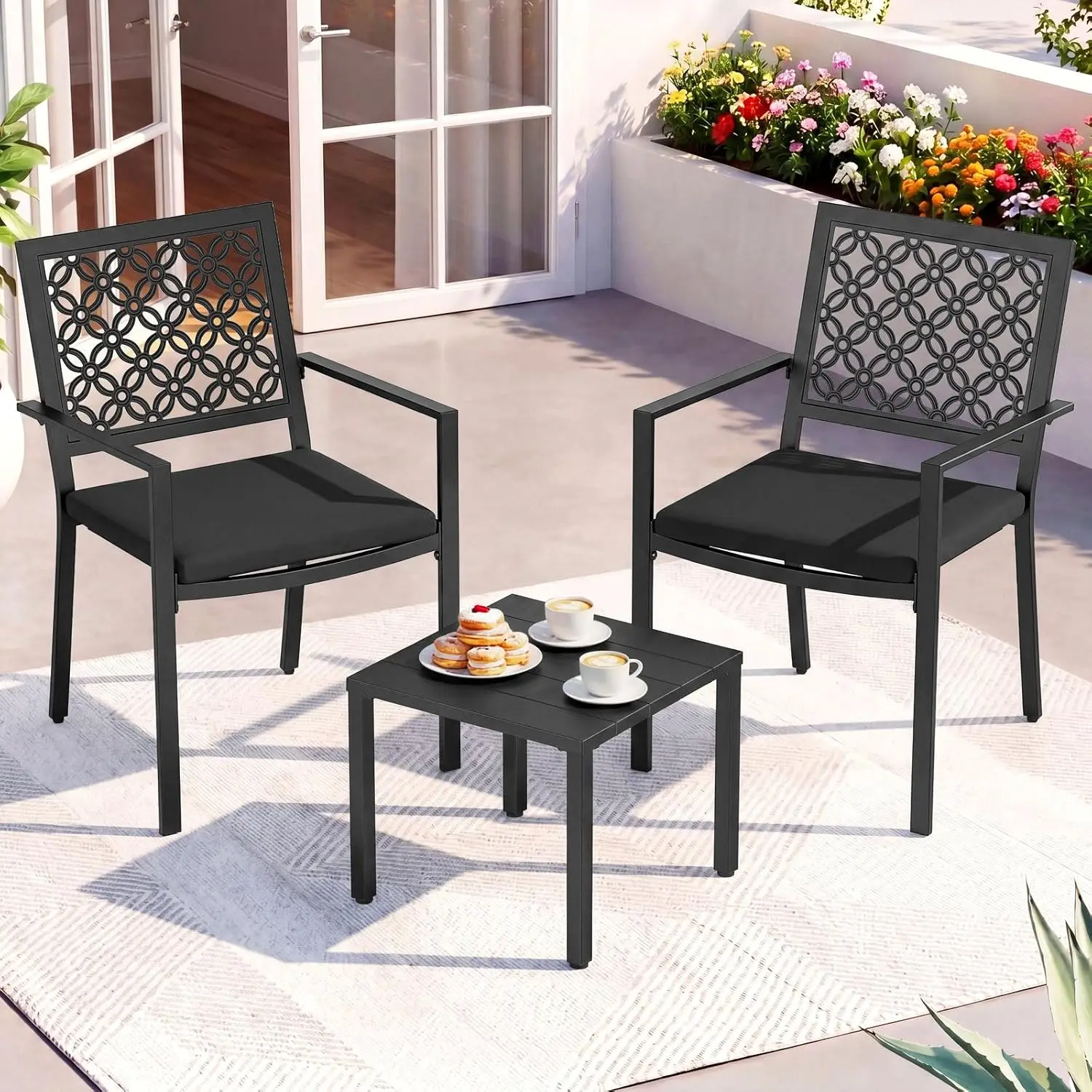 3-Piece Metal Bistro Set for Porch Garden Balcony, Stackable Waterproof Rustproof Patio Table & Chairs, Customized
