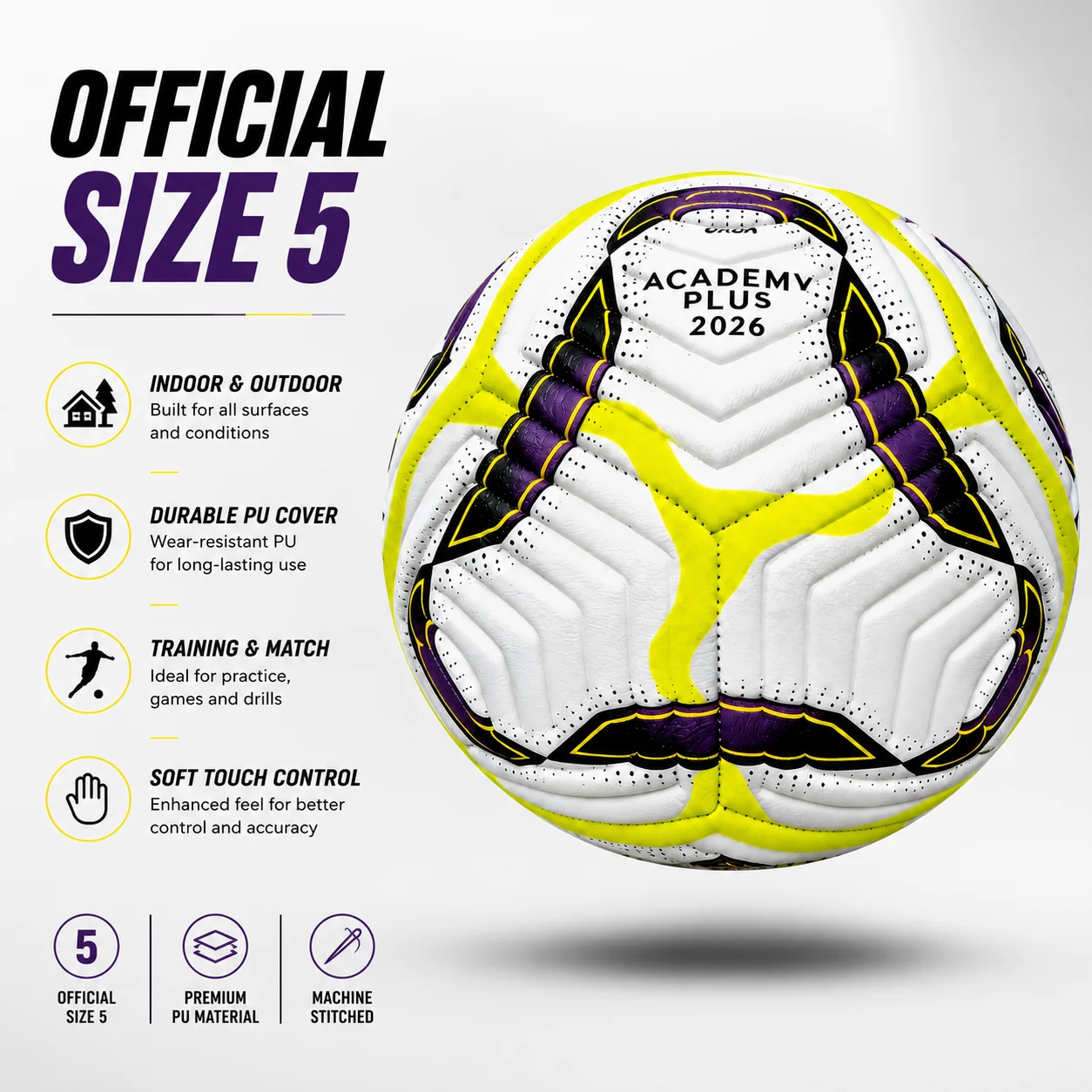 Bola de futebol oficial do tamanho 5, futebol costurado da máquina do plutônio para a bola exterior interna do jogo da prática para adolescentes adultos