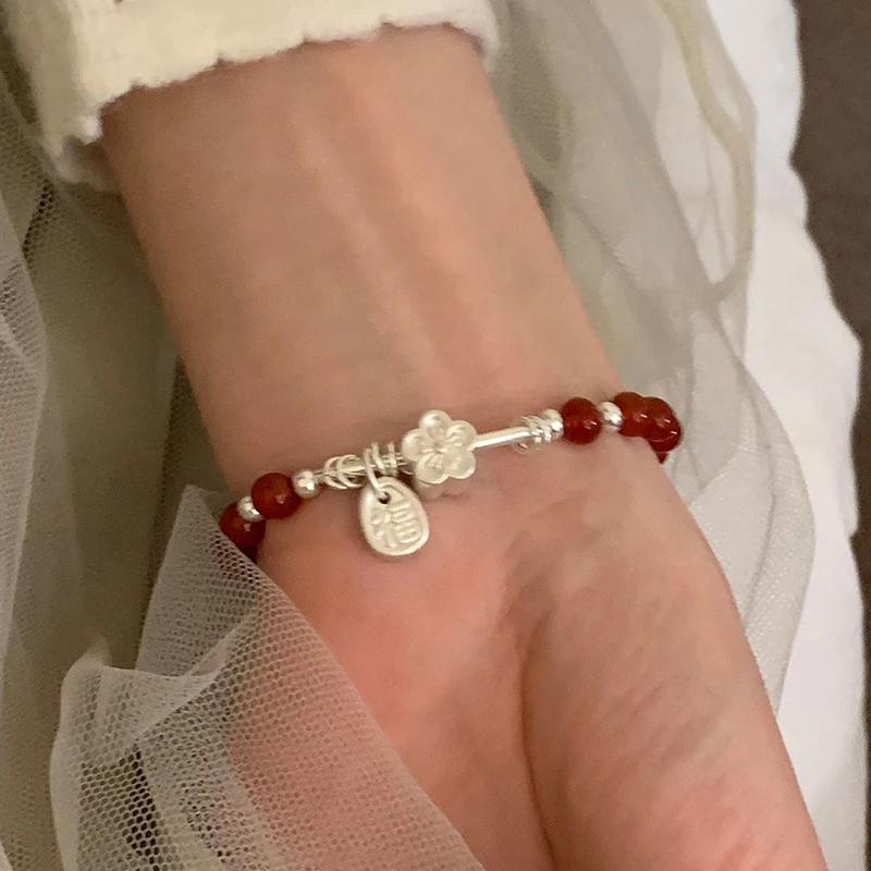 925 Sterling Silve Red Agate Bracelet for Women Flower Pendant Lucky Bead Originality Jewelry Gift Dropshipping - view 5