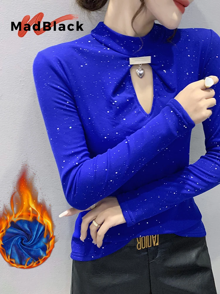 

MadBlack-женская флисовая футболка в европейском стиле, сексуальный вырез с воротником-стойкой, уличная тонкая футболка M-3XL с длинными рукавами, осень 2021, T5N108CC