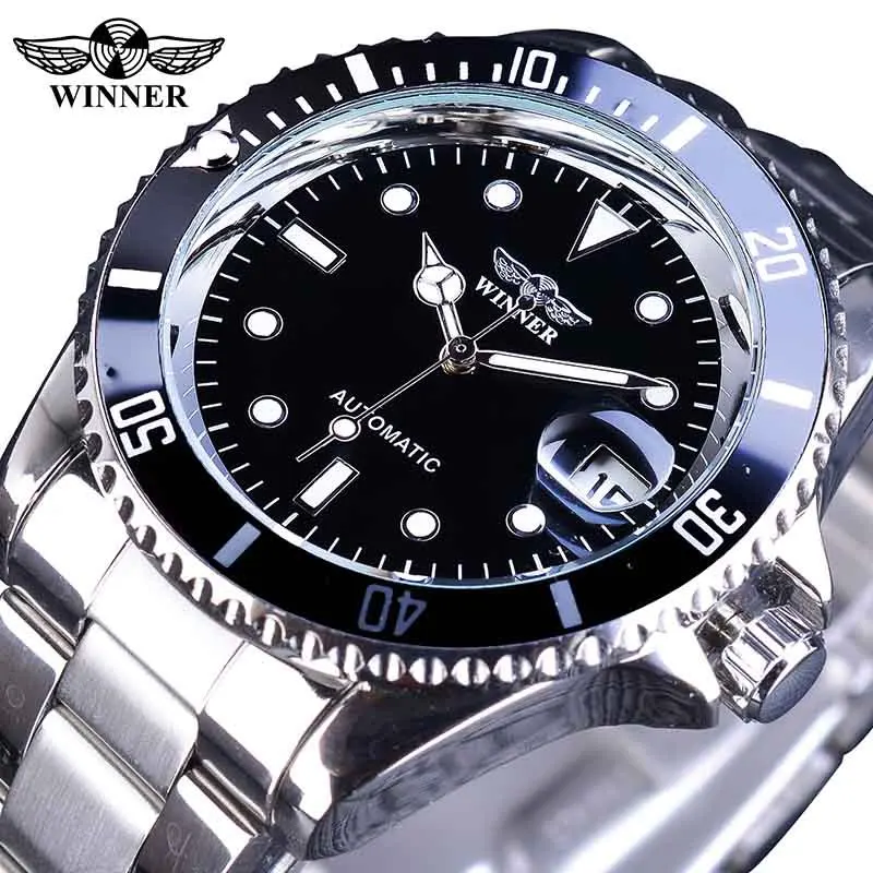 Fashion Winner Top Brand Men's Full Stainless Steel Band Automatic Mechanical With Luminous & Waterproof Business Wrist Watches