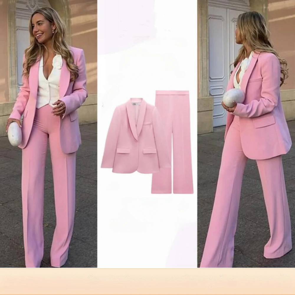 Pink Women Pants Sets Elegant Shawl Lapel One Button Dress Slim Summer Fashion Daily Office Lady Female Suits (Blazer+Trousers)