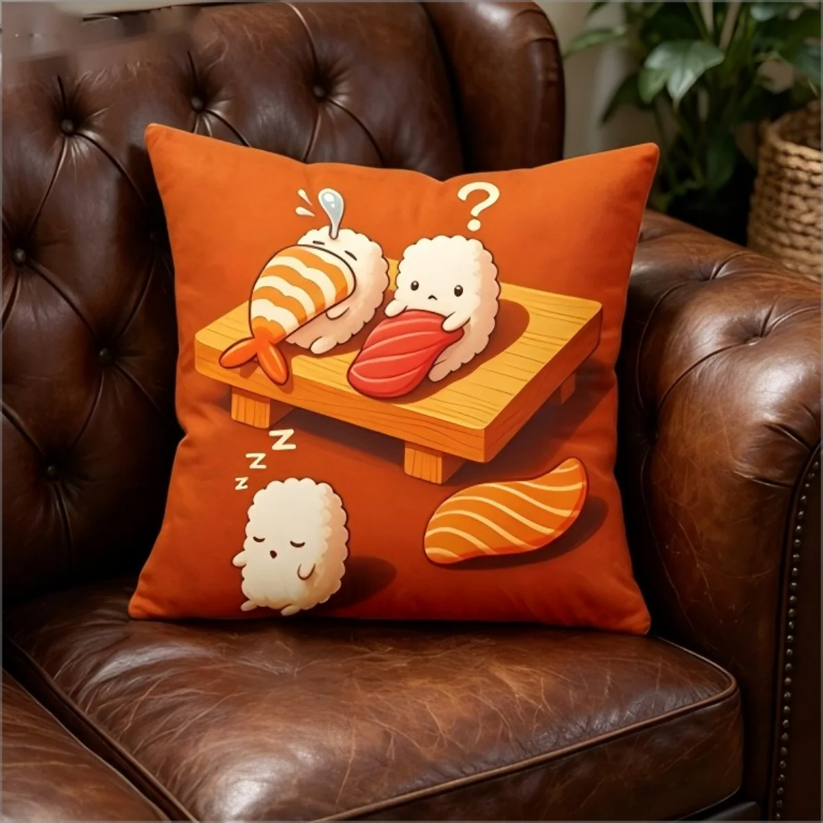 Cute Cartoon Sushi Print Throw Pillow Cover, Kawaii Japanese Food Decorative Cushion Case for Sofa Bedroom