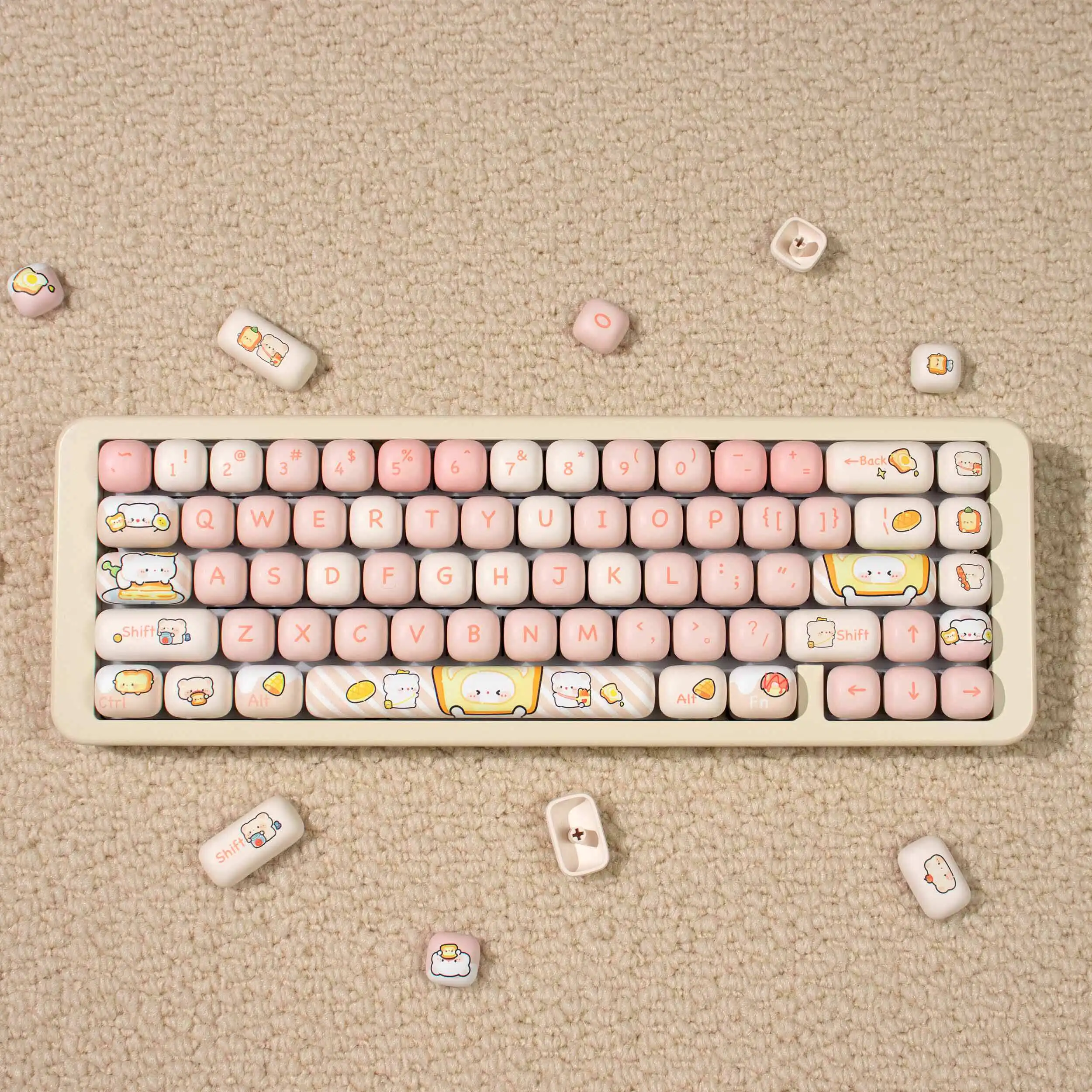 MOG Keycaps Bread Bear Theme Cute Keycaps Gift 144 Keys DYE Sublimation Mechanical Keyboard for Made68 Mad68 Wooting 60