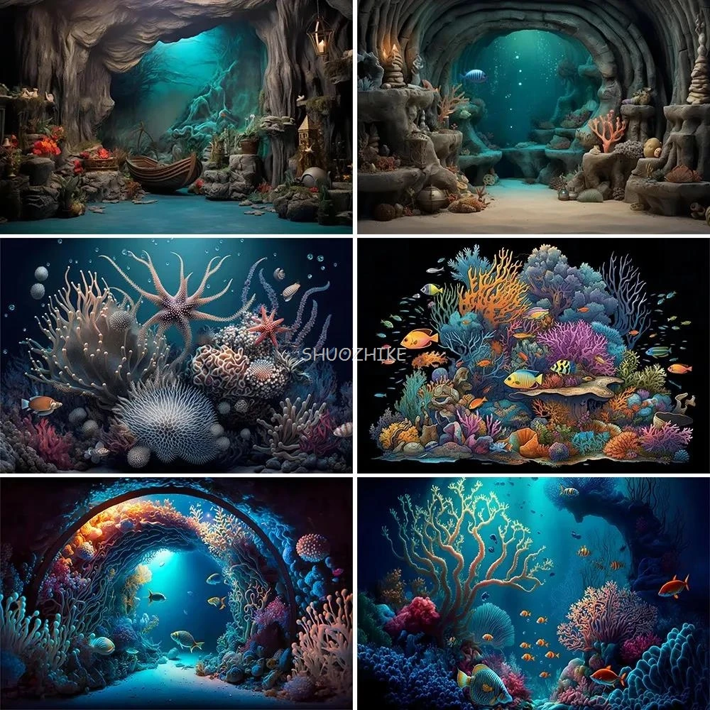 

Photography Backdrop Ocean Underworld Coral Fish Jellyfish Scenic Aquarium Photoshoot Background Photo Studio Props