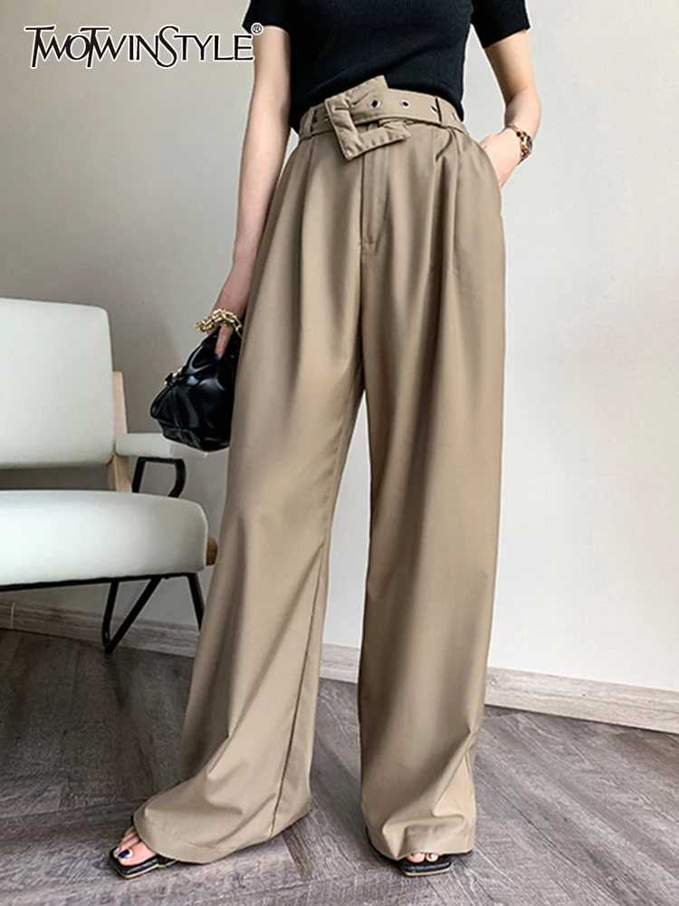 

TWOTWINSTYLE Patchwork Belted Long Trouser For Women Gathered Waist Straight Solid Pants Female Fashion Loose Autumn 2022 Style