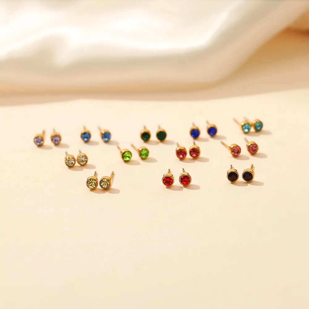 Trendy Colorful Zircon Inlaid Birthstone Tiny Stud Earring Stainless Steel 18k Gold Plated Glaring Earrings for Women