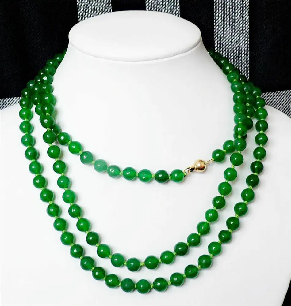 

AAAA Charming 8mm Natural Green Jade Round Gem Bead Necklace 54'' 14K Gold Clasp