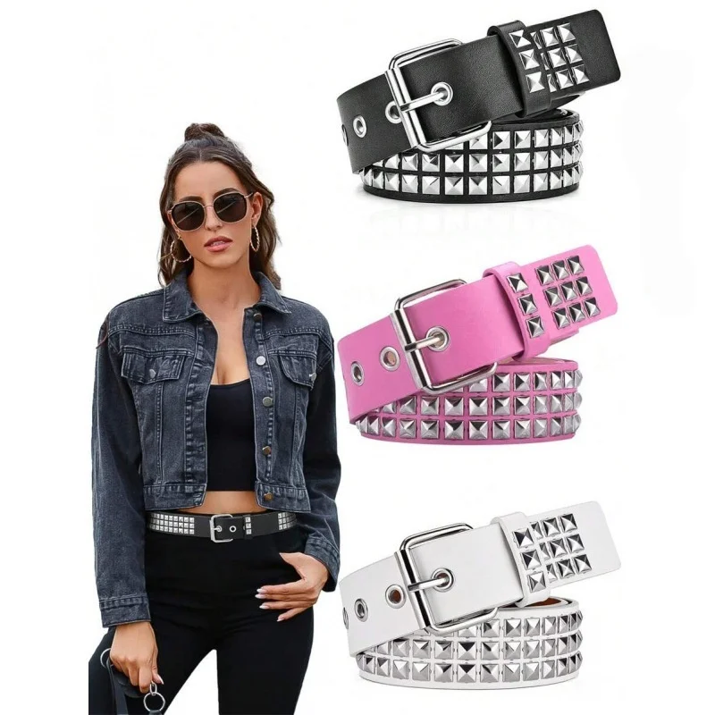 Modischer neuer quadratischer Perlen-Nietengürtel, Metall-Pyramiden-Gürtel für Männer und Frauen, Punk-Hardware-Jeansgürtel, Y2K-Designer-Gürtel, Damengürtel – Detail 2