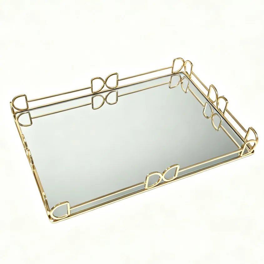 Luxury Gold Mirror Storage Tray Rectangle Glass Metal Jewelry Tray Large Capacity Square Makeup Snack Tray Tea Decoration view 5