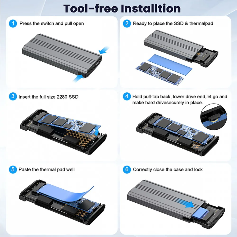 Hard Drive Adapters M.2 NGFF NVME M-key SATA SSD to Type-C USB3.2 20Gbps PCBA Enclosure Support 2280/2242/2260mm RTL9220