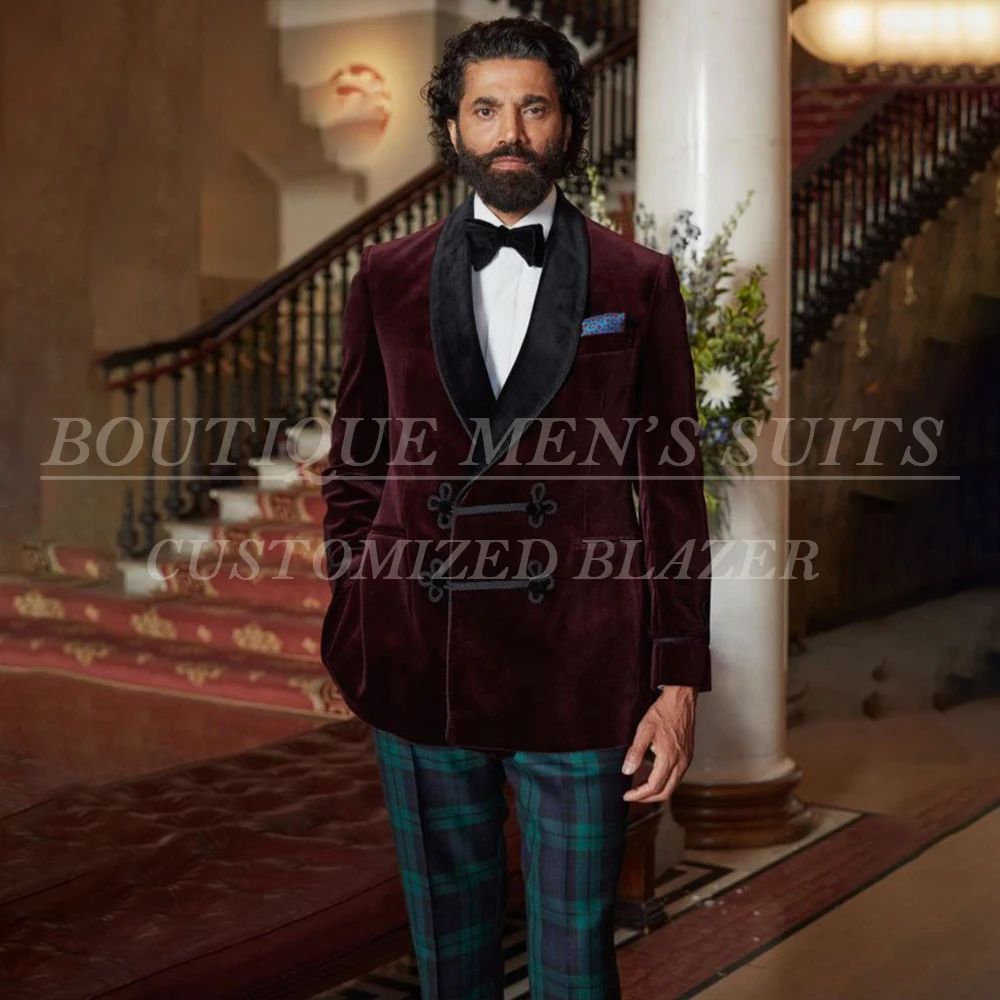 Smoking Men's Suits Traditional Male Clothing Fashion Shawl Lapel Velvet Blazer With Plaid Pattern 2 Piece Jacket Pants Sets