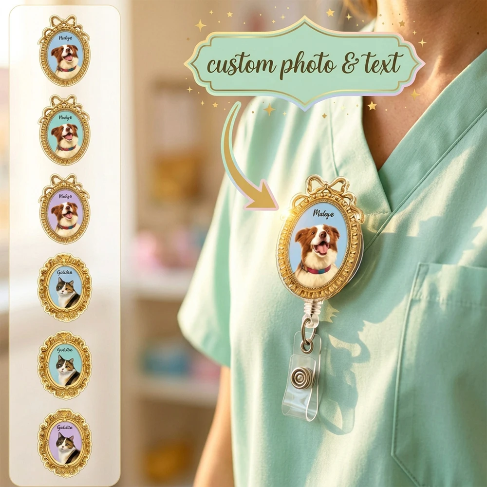 Custom Vintage Gold Rim Frame Acrylic Pet Photo Badge Clips,Ideal Gifts for Pet Lovers & ID Badge Accessories,Medical and Office