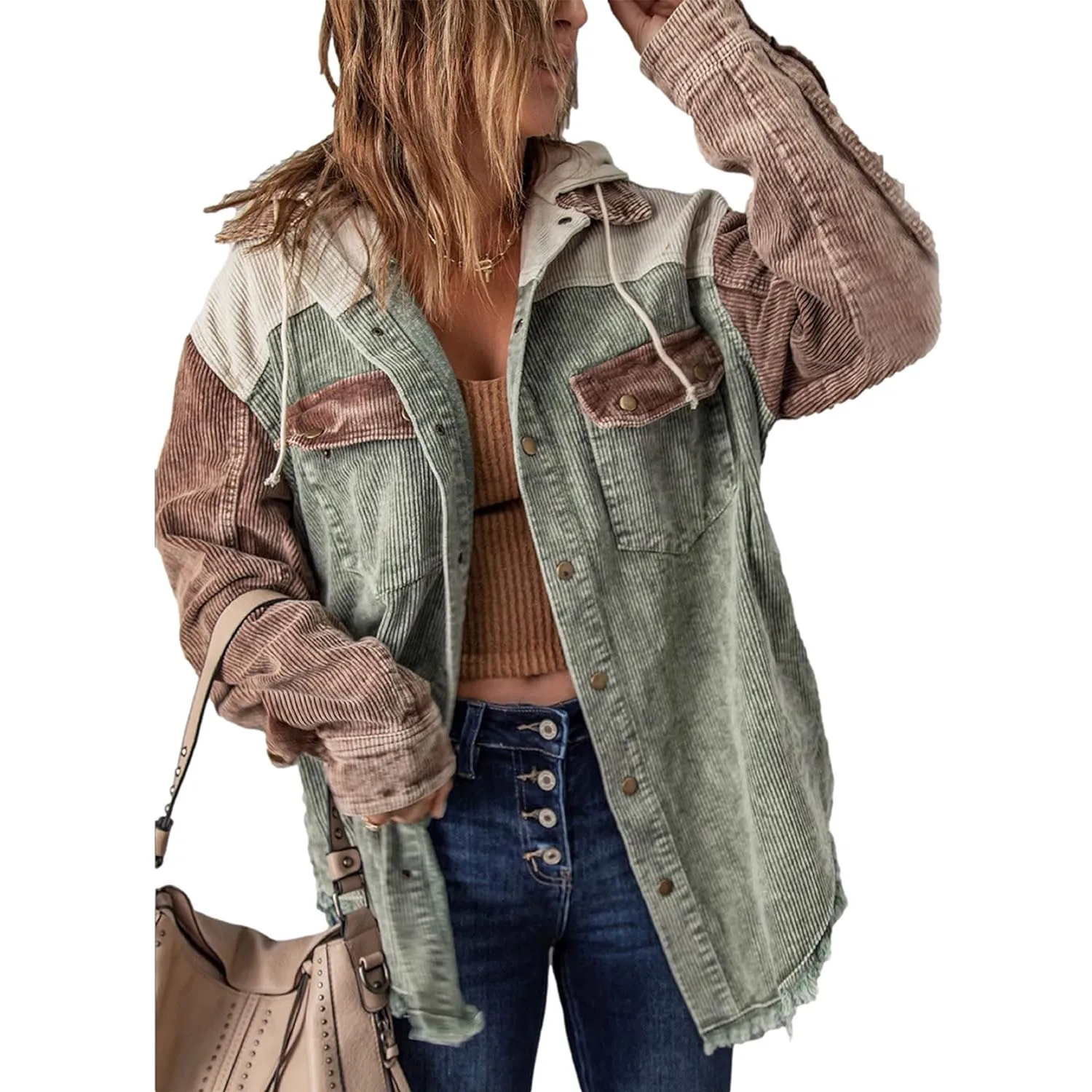 Womens Hooded Corduroy Shacket Color Block Casual Long Sleeve Button Down Shirts Jacket Coat