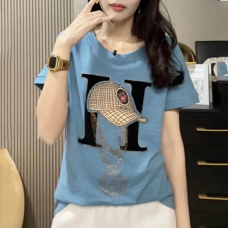 Korean Commute 2024 Summer New Women\'s Round Neck Geometric Printed Diamonds Solid Color Loose Casual Short Sleeve T-shirts Tops