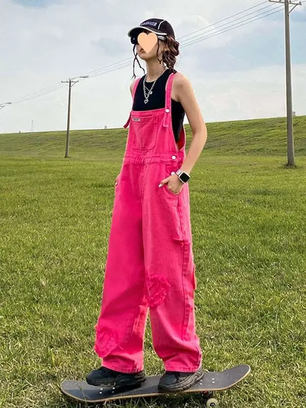 

Розовые брюки на подтяжках с высокой талией, женские летние свободные брюки Cleanfit, женские джинсы из эластичной искусственной ткани средней длины