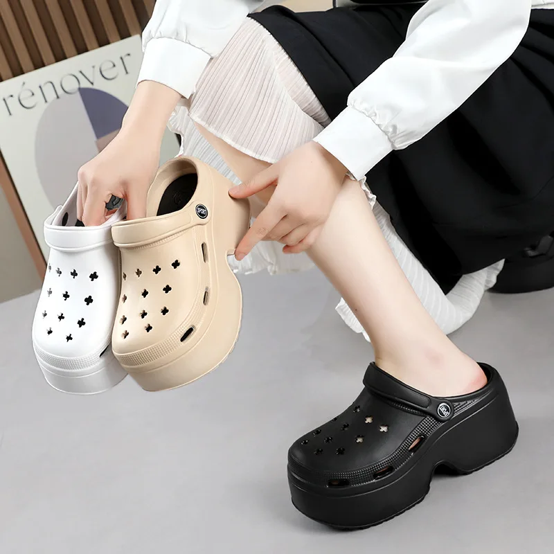 2024 Women's Hole Shoes 9CM Thick Soles Elevated Height Shoes Comfortable Non Slip Beach Garden Shoes Sandals Summer Slippers