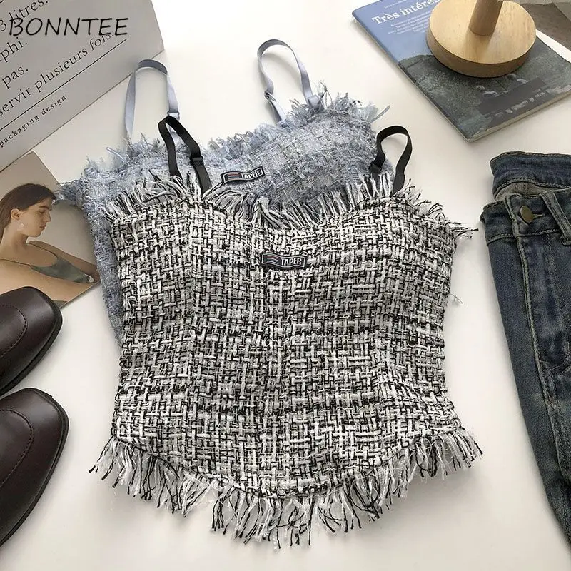 Tassel Camis Women Backless Fashion French Style Slim Chic Summer New All-match Female Hotsweet Crop Tops Personality Vintage