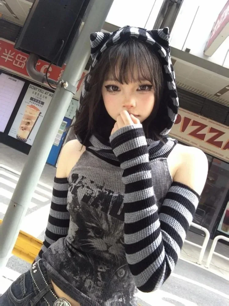 

Japanese Striped Patchwork Hoodie for Women Gothic Retro Cat Print Hollow Slimming Pullover Harajuku Style Dark Punk Top