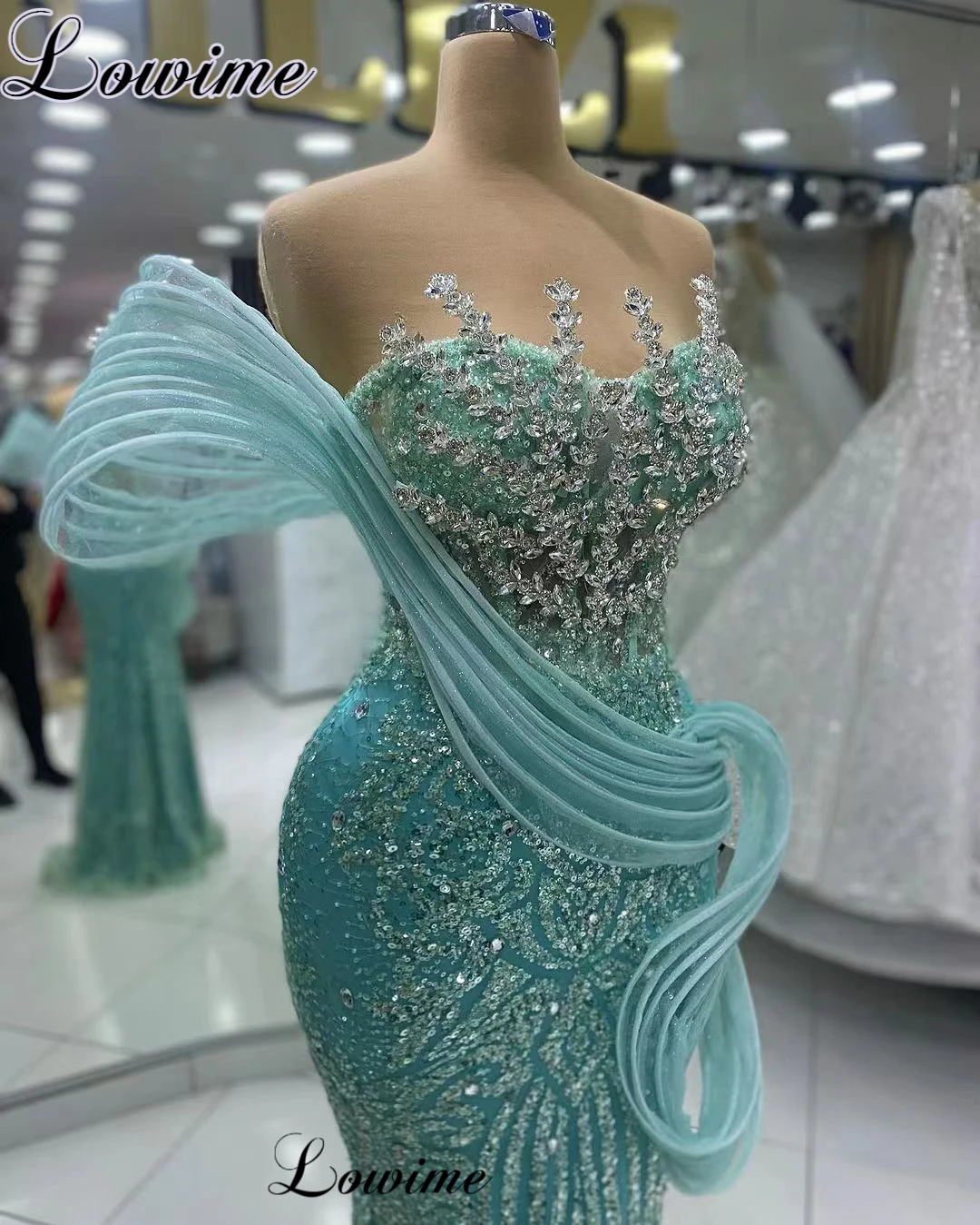 Mint Green Glitter Celebrity Dresses Mermaid Special Strapless Awards Ceremony Dresses With Crystals Vestidos De Gala Prom Dress