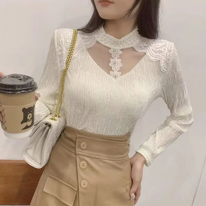 

Women Half Turtleneck T-Shirt Spliced ​​Autumn Winter New Commuter Beaded Yarn Lace Printed Long-Sleeved Pullover Slim Top