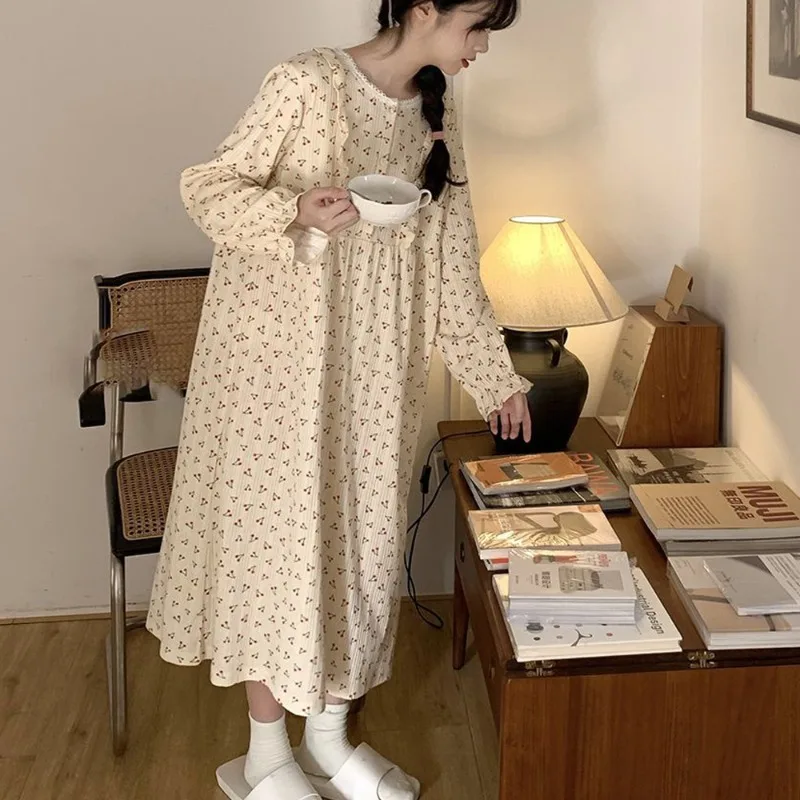 Cherry Print Women Nightgown Lace Sleepwear O-neck Nightwear Korean Fashion Night Dress Long Sleeve Autumn One Piece Pajamas New