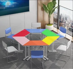 Combinação trapezoidal colorida, mesa de seis lados, para estudante, treinamento psicodélico, estudante, sala de atividades em grupo