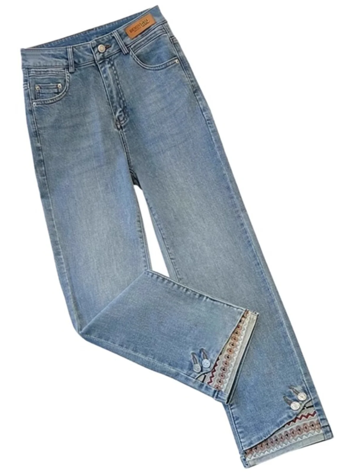 

Retro New Chinese Sle Women's Jeans Spring Autumn High Waist Straight Leg Patchwork Embroidery Nine Points Pants