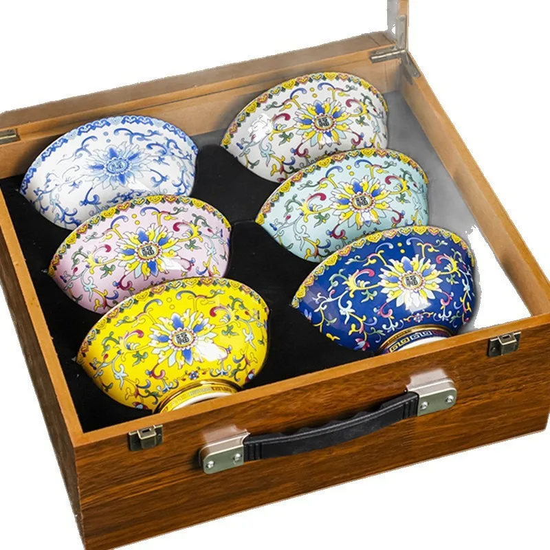 Enamel Gift Porcelain Rice Bowls Set of 6 Elevated Foot Design for Home Use and Chinese Imperial Style Gifting for Jingdezhen