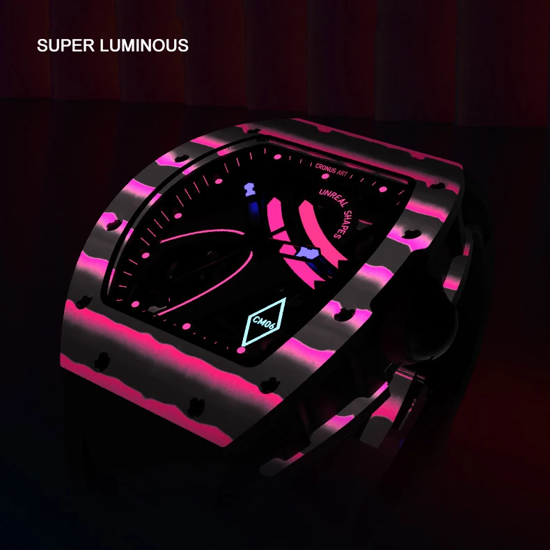 CRONUSART ساعة أوتوماتيكية للرجال 50 مللي متر Tonneau ساعة اليد الميكانيكية ألياف الكربون حافظة مضيئة فلوروروبر حزام الهيكل العظمي الهاتفي #5