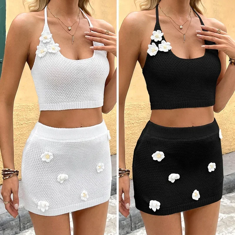 

2025 Crochet Beach Set Lace-Up Bralette & Flowy Skirt Women's Knit Cover Up Dress Summer Sexy Corset Sexy Swimsuit Women Clothes