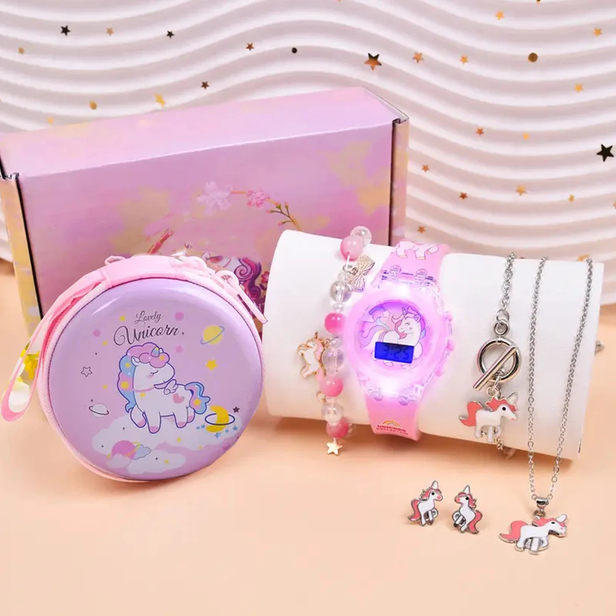 Fashion Exquisite Luminous Unicorn Series Silicone Watch + Unicorn Bracelet Set