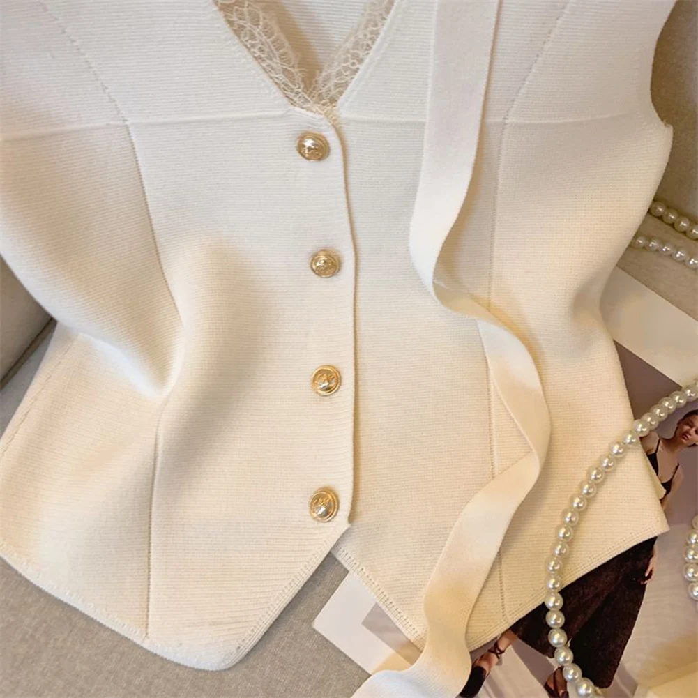 

Women Lace Knitted Vests V-Neck Single Breasted Tops Sleeveless Stretch Vest Layering Cardigan Tank Tops