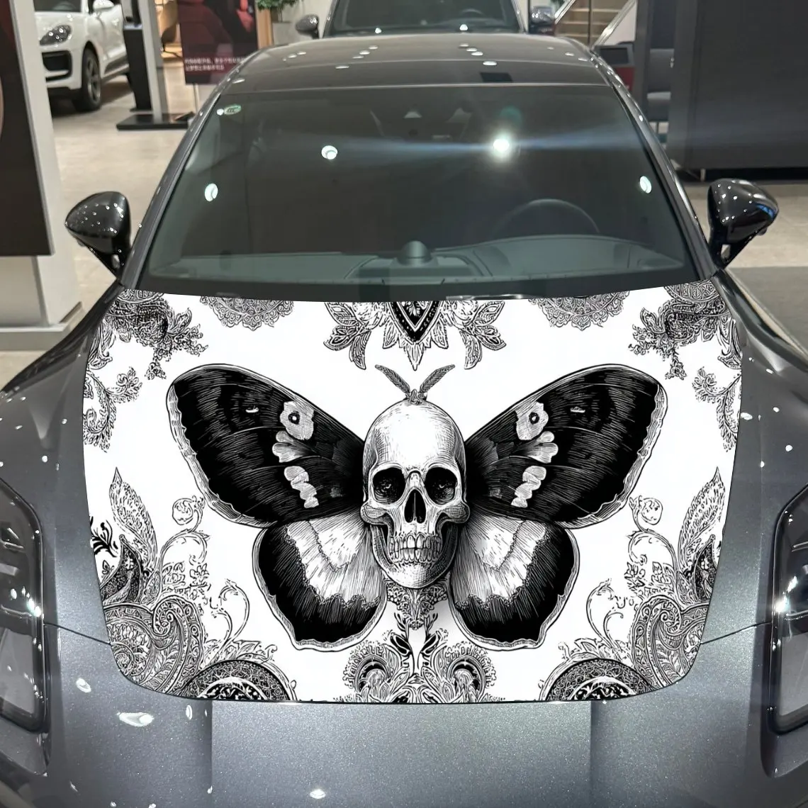

Car Decal Moth with Skull and Monochrome Artistic Background & Mystic-Gothic Aesthetic Car Hood Sticker, Waterproof Self - Adhes