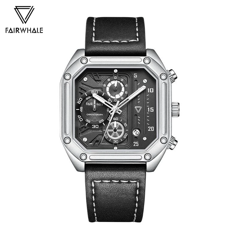 Fashion Mens Watches Brand Mark Fairwhale Luxury Leather Strap Quartz Clock Multifunctional Square Man Wristwatches Dropshipping