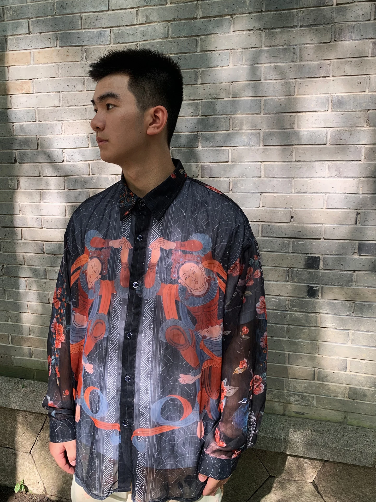 Men's 2025 Summer Original New Chinese Shirts Printed Transparent Thin Mesh Gauze Shirt Male Personalized Long Sleeve Chic Tops