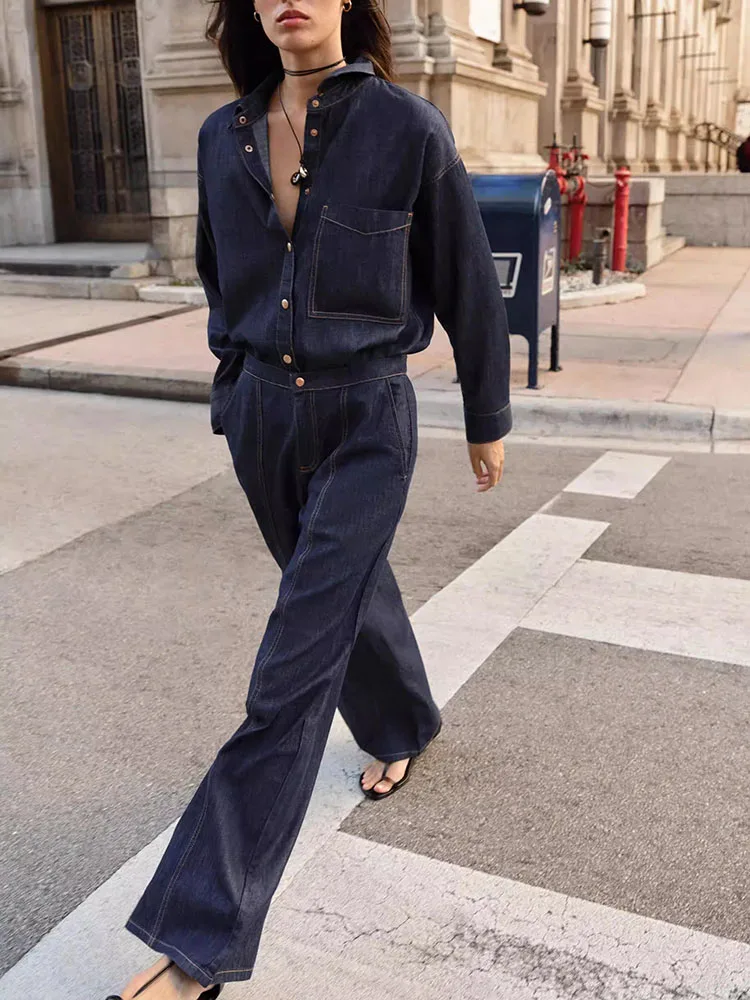 

Spring 2026 Women's High Waist Wide Leg Jeans Denim Shirt New Arrival Casual Loose Fit Long Sleeve Button up Ladies Coat