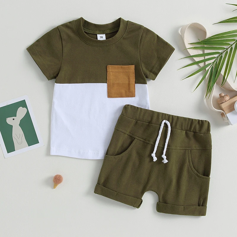 3-4Y Toddler Kids Boys Summer Outfits Set Short Sleeve Contrast Color Patchwork T-Shirt + Shorts Set Kid Boys Clothes 2Pcs